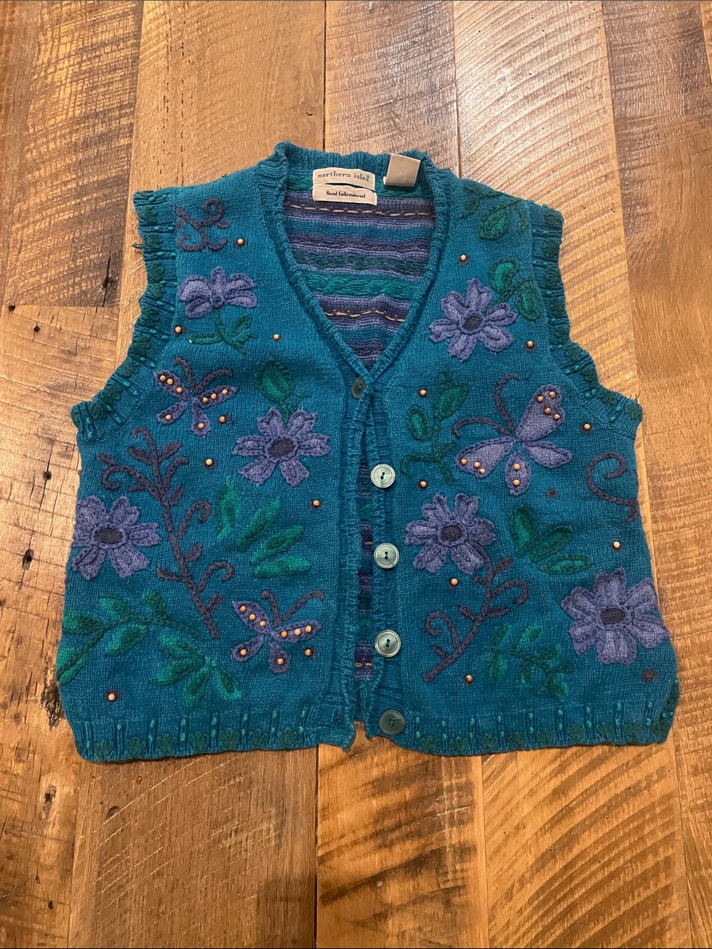 Vintage Embroidered Teal Knit V-Neck Sweater Vest